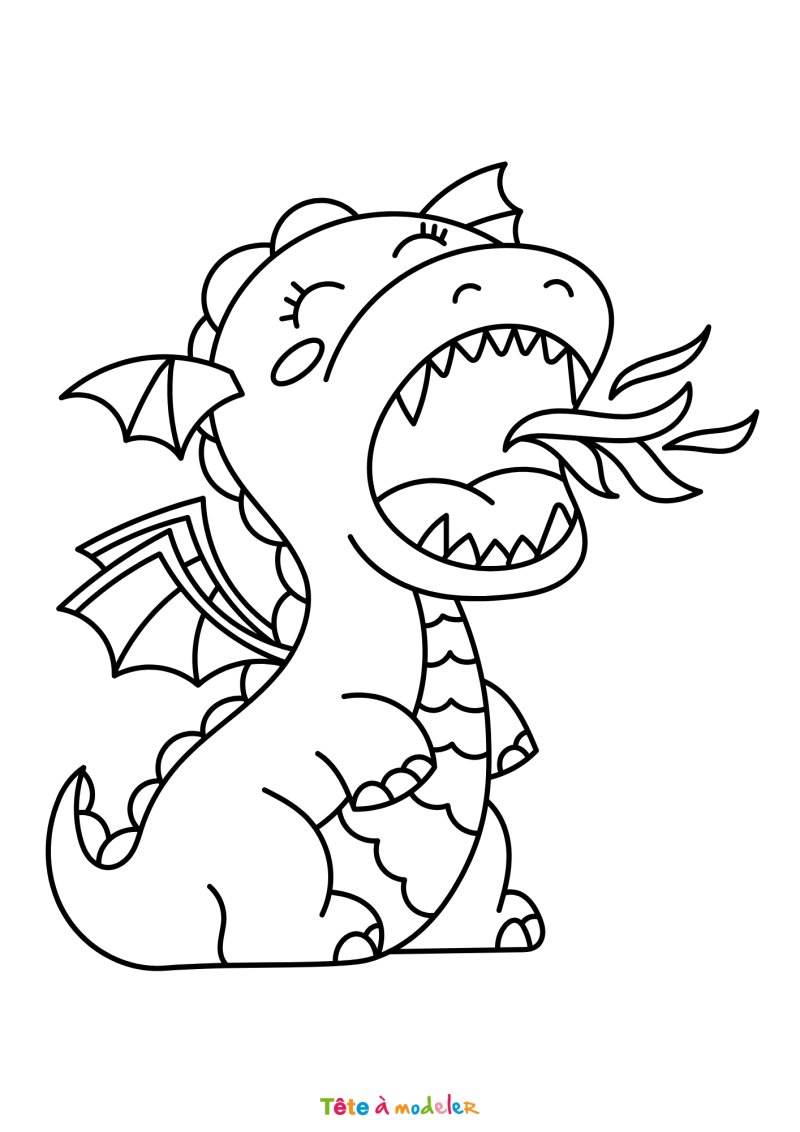 Coloriage d'un dragon qui crache du feu