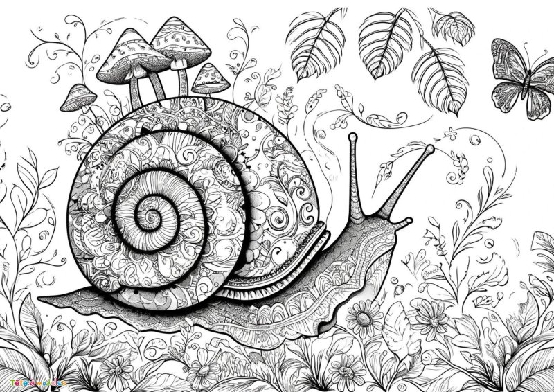 Coloriage d'un escargot avec champignons