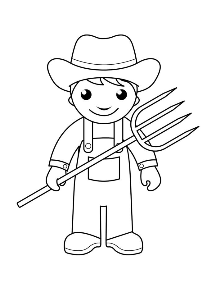 Coloriage d'un fermier avec sa fourche