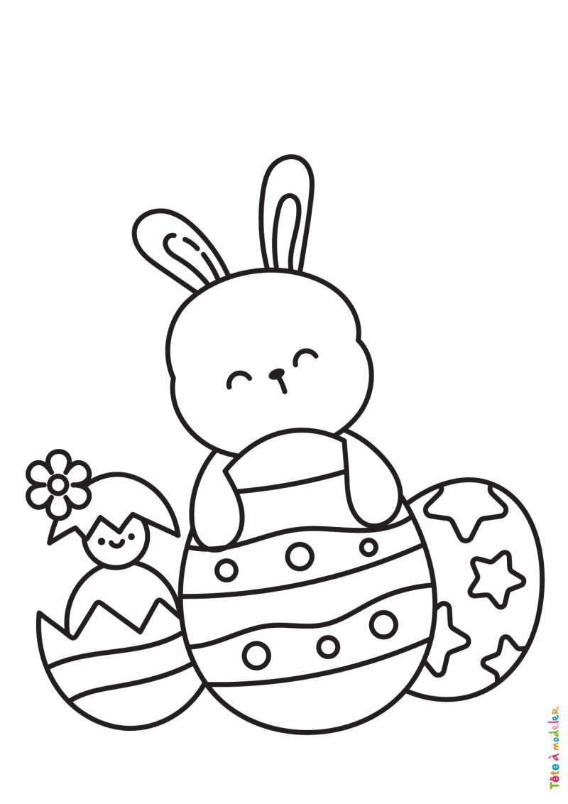Coloriage d'un lapin et un poussin avec des oeufs de Pâques