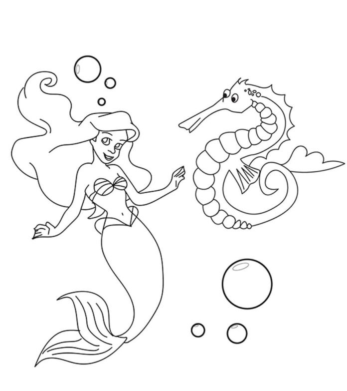 Coloriage d'un hippocampe et d'une sirene