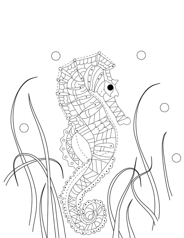 Coloriage d'un hippocampe façon mandala