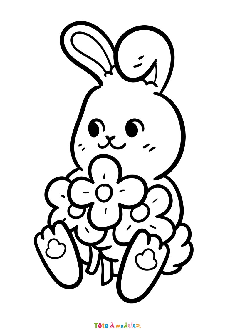 Coloriage d'un lapin de Pâques avec des fleurs
