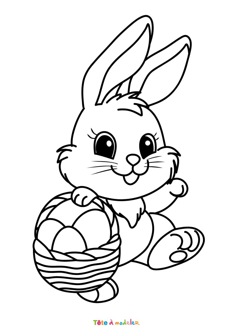 Coloriage d'un lapin de Pâques qui chasse les oeufs