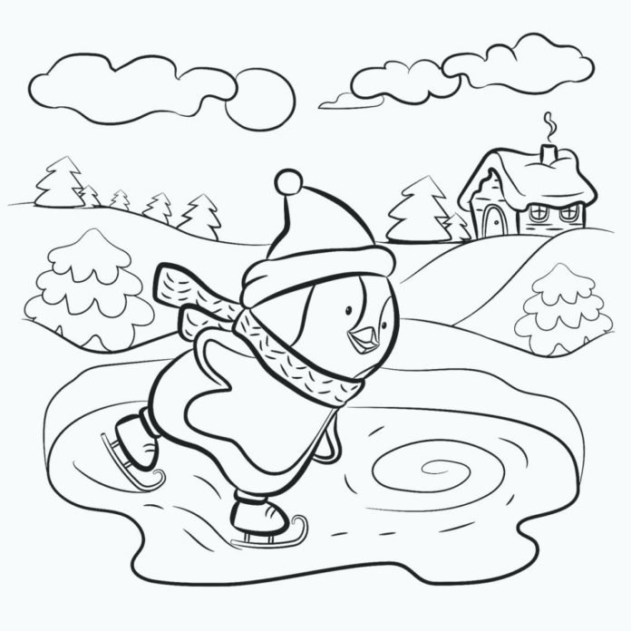 Coloriage d'un manchot en patins à glace