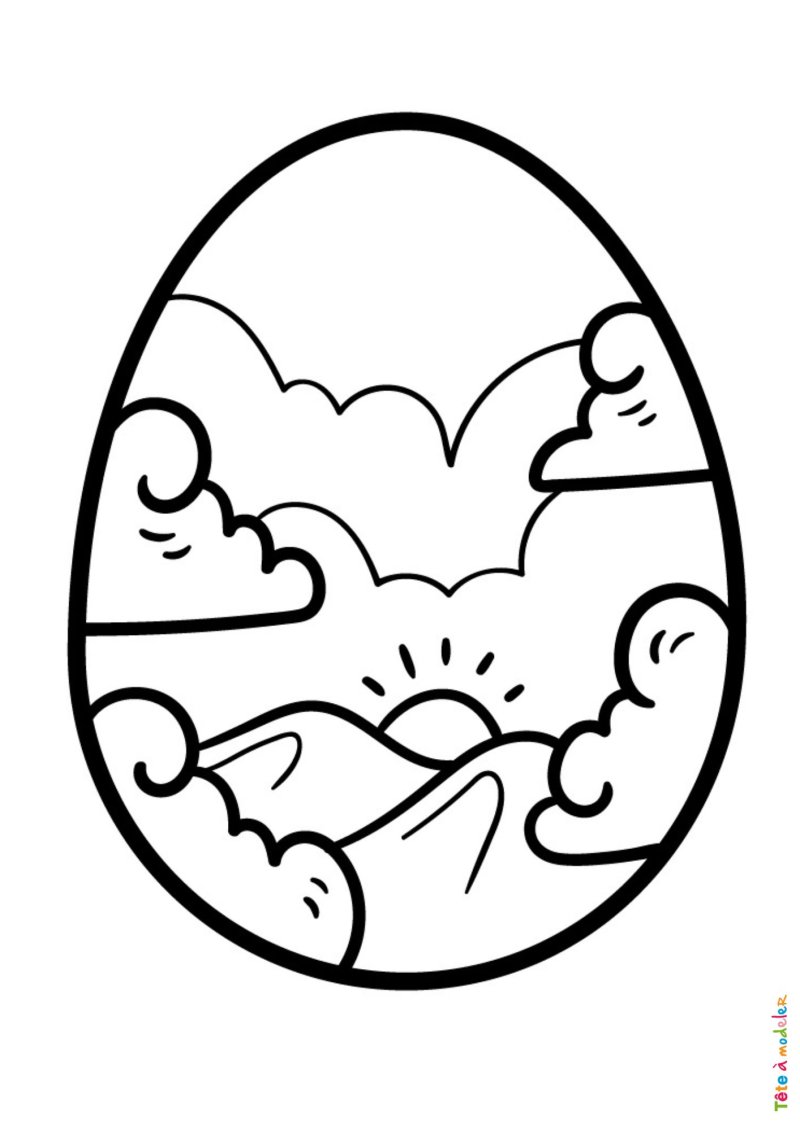 Coloriage d'un oeuf de Pâques avec un paysage
