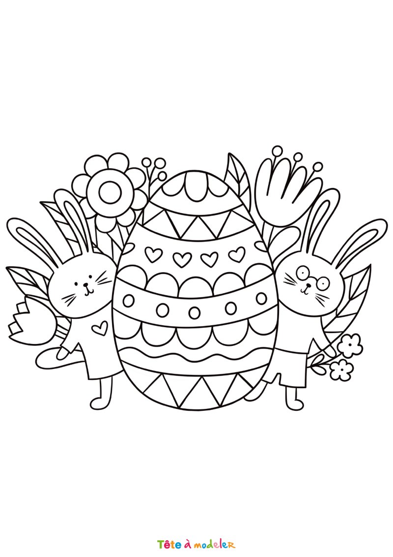 Coloriage d'un oeuf de Pâques avec lapins
