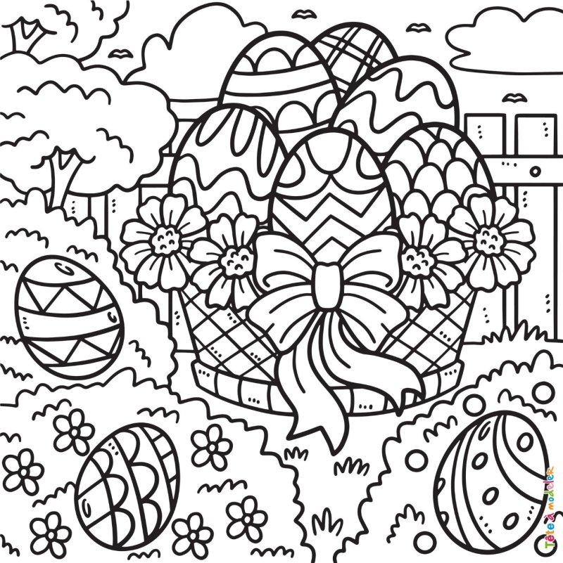Coloriage d'une scène avec des oeufs de Pâques