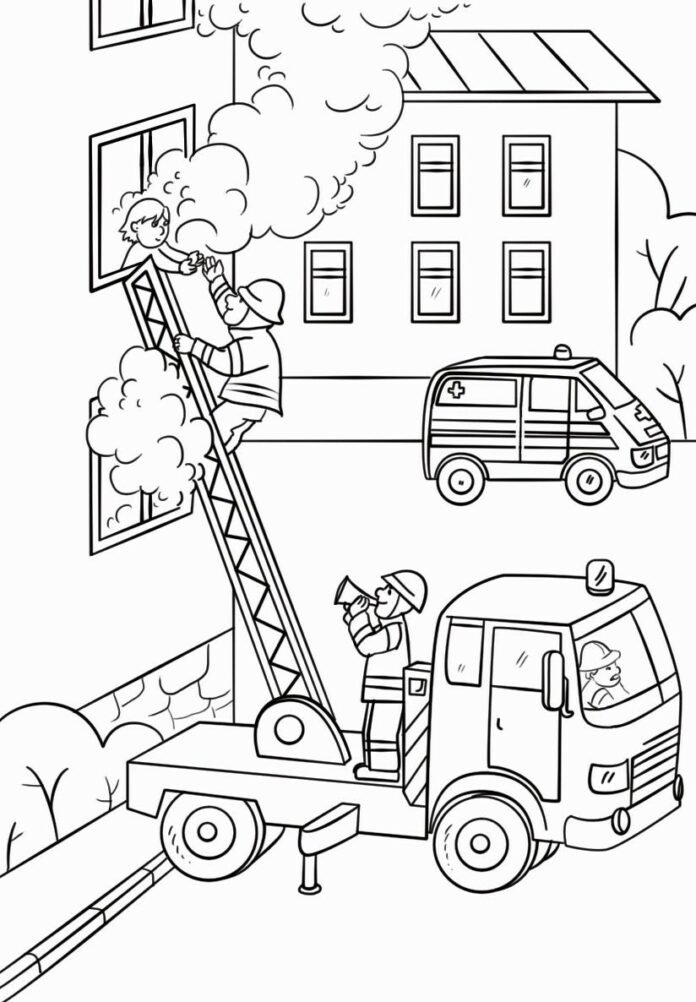 Coloriage d'un pompier qui sauve un enfant