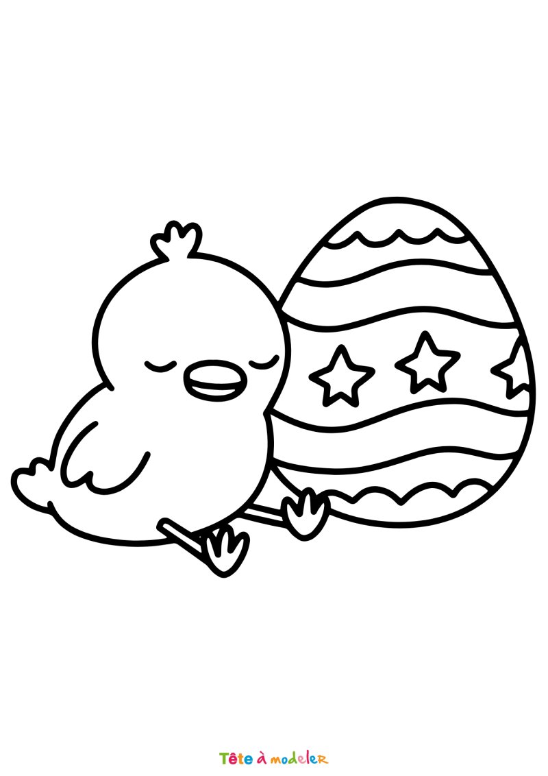 Coloriage d'un poussin à côté d'un oeuf de Pâques