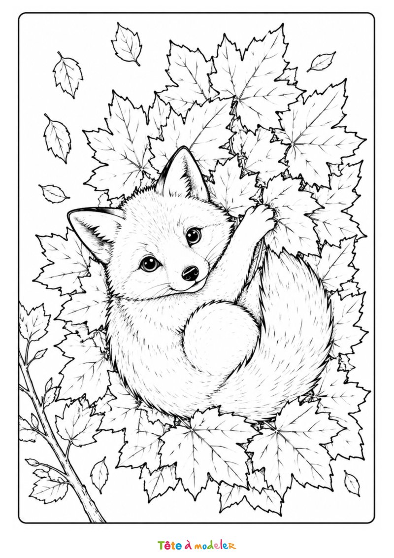 Coloriage d'un renard dans un tas de feuilles d'automne