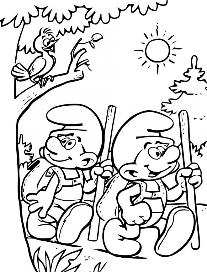 Coloriage d'un Schtroumpf en randonnée