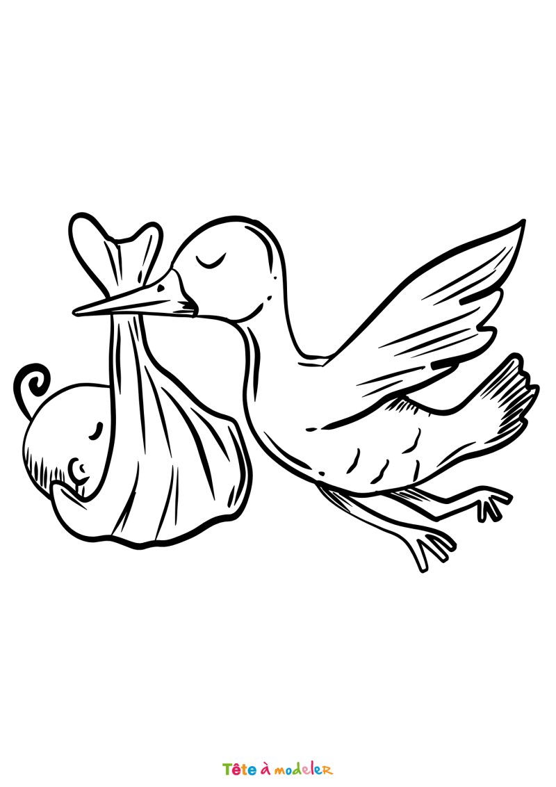 Coloriage d'une cigogne qui apporte un bebe