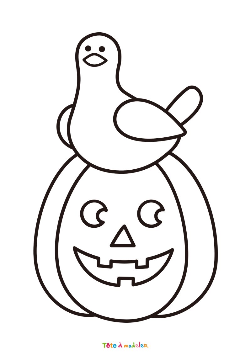 Coloriage d'une citrouille avec un oiseau