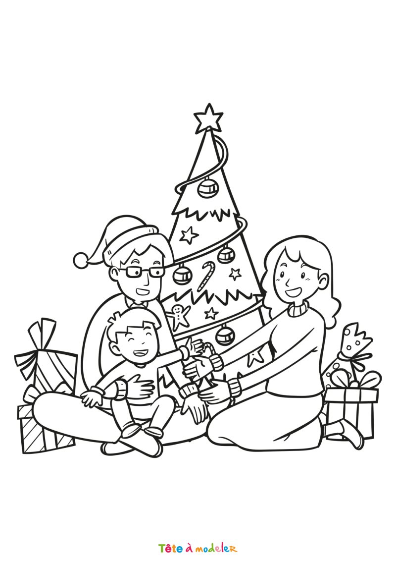 Coloriage d'une famille devant un sapin de Noël