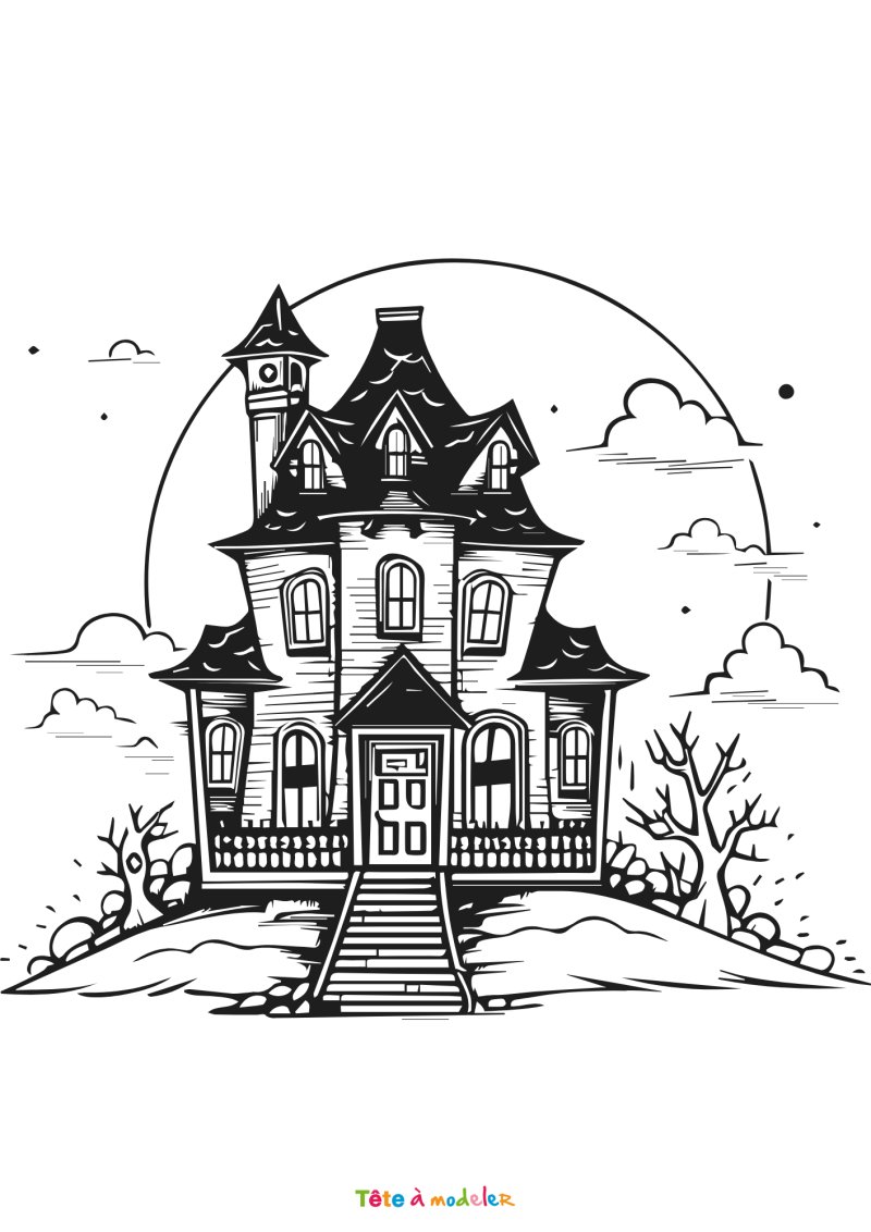 Coloriage d'une maison qui fait peur