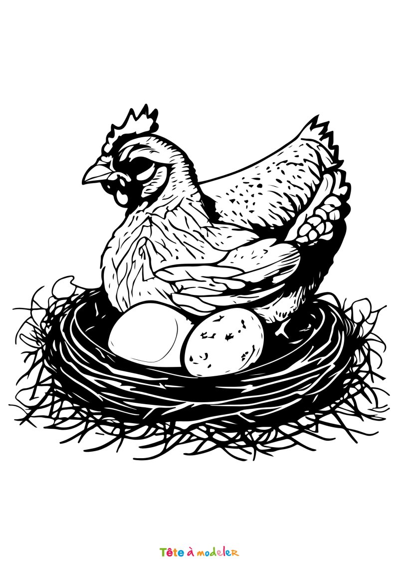Coloriage d'une poule de Pâques dans un nid