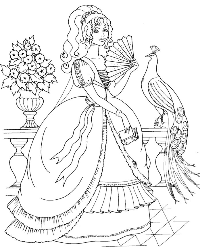 Coloriage d'une princesse et d'un paon