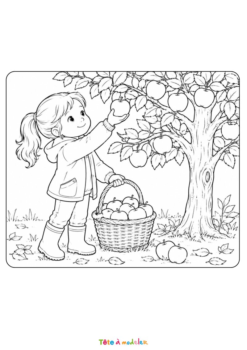 Coloriage enfant qui cueille une pomme