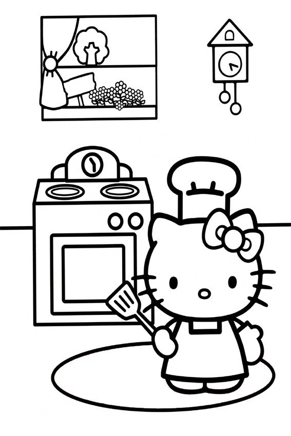 Coloriage Hello Kitty en cuisine