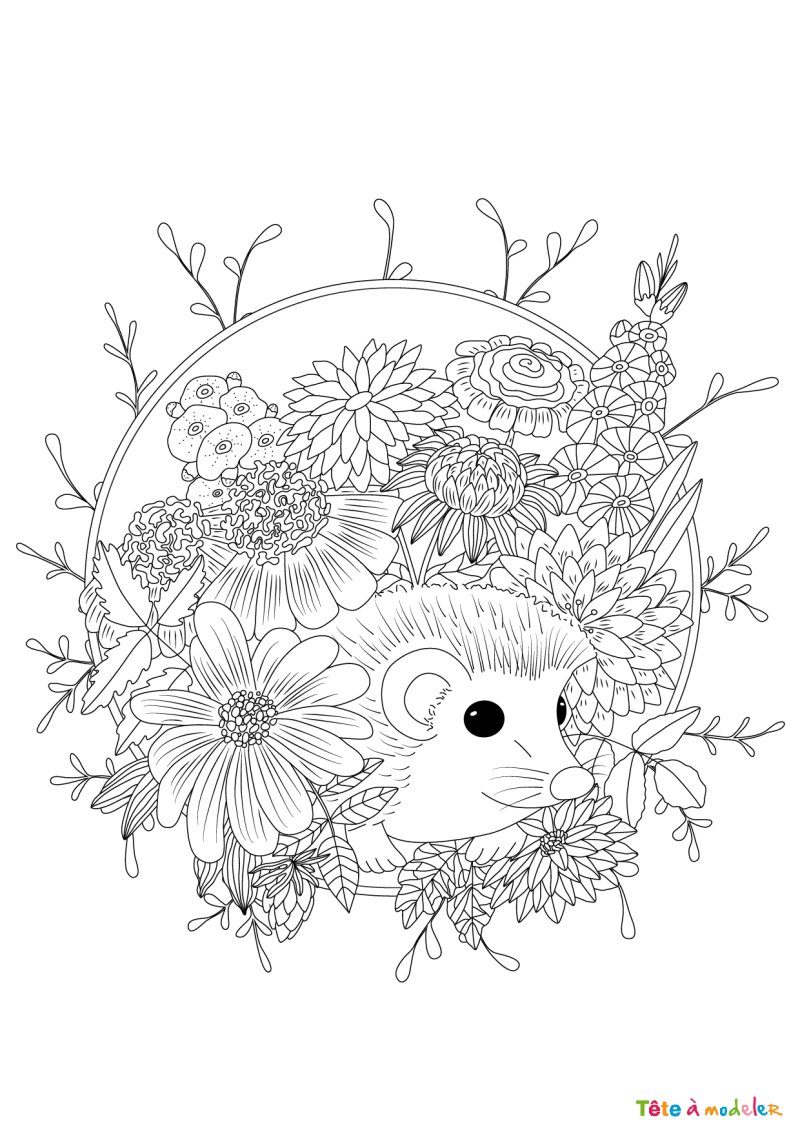 Coloriage d'un hérisson avec des fleurs
