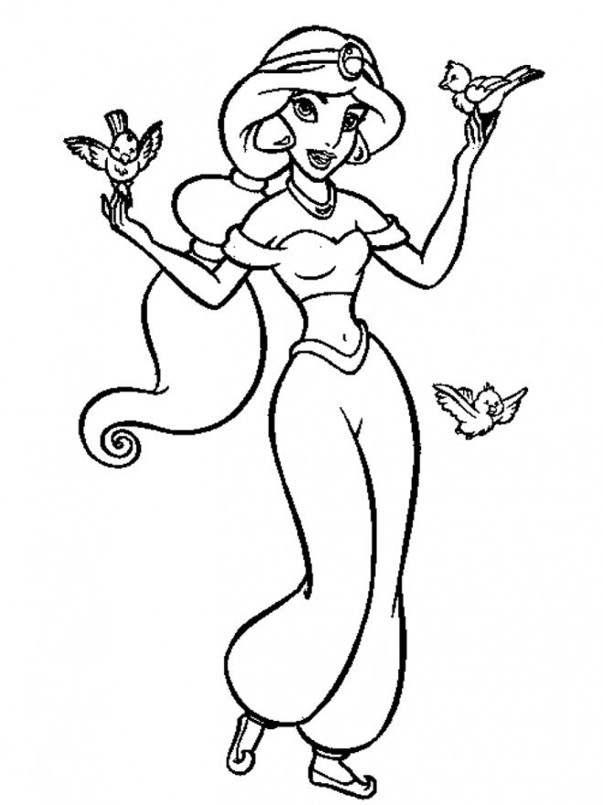 Coloriage Jasmine et les oiseaux