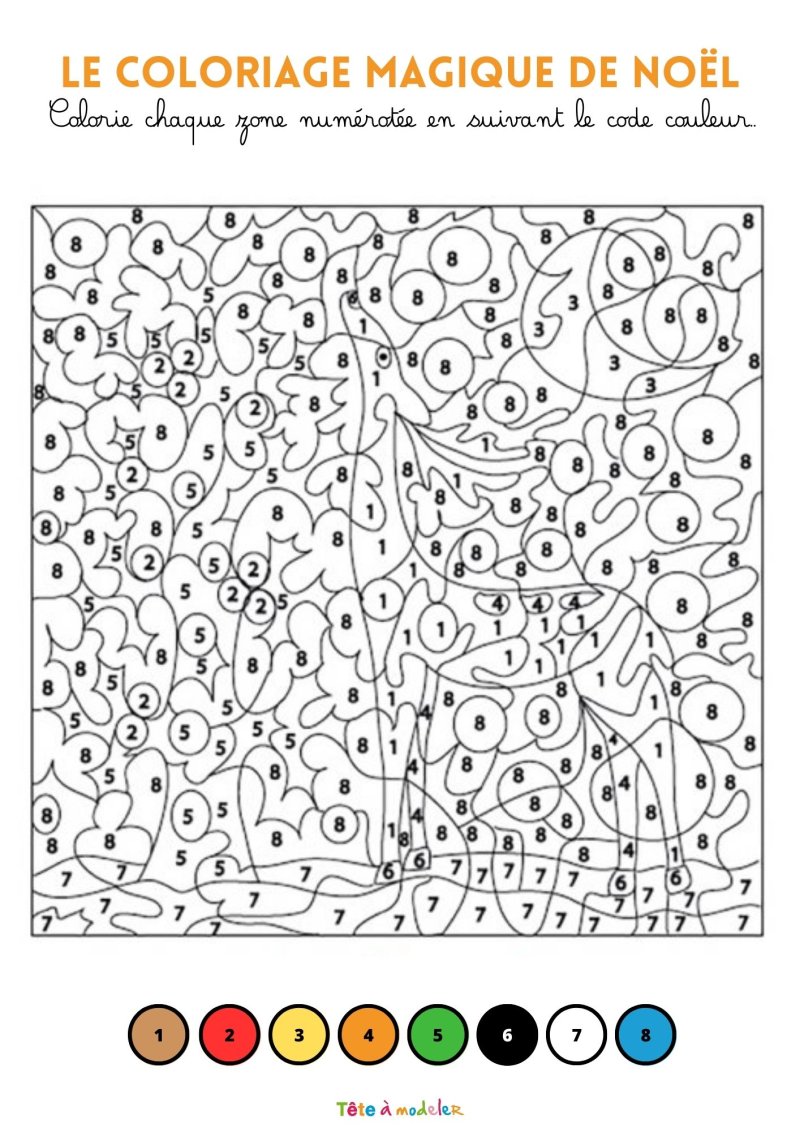 Coloriage magique de Noël : Le Renne dans la forêt