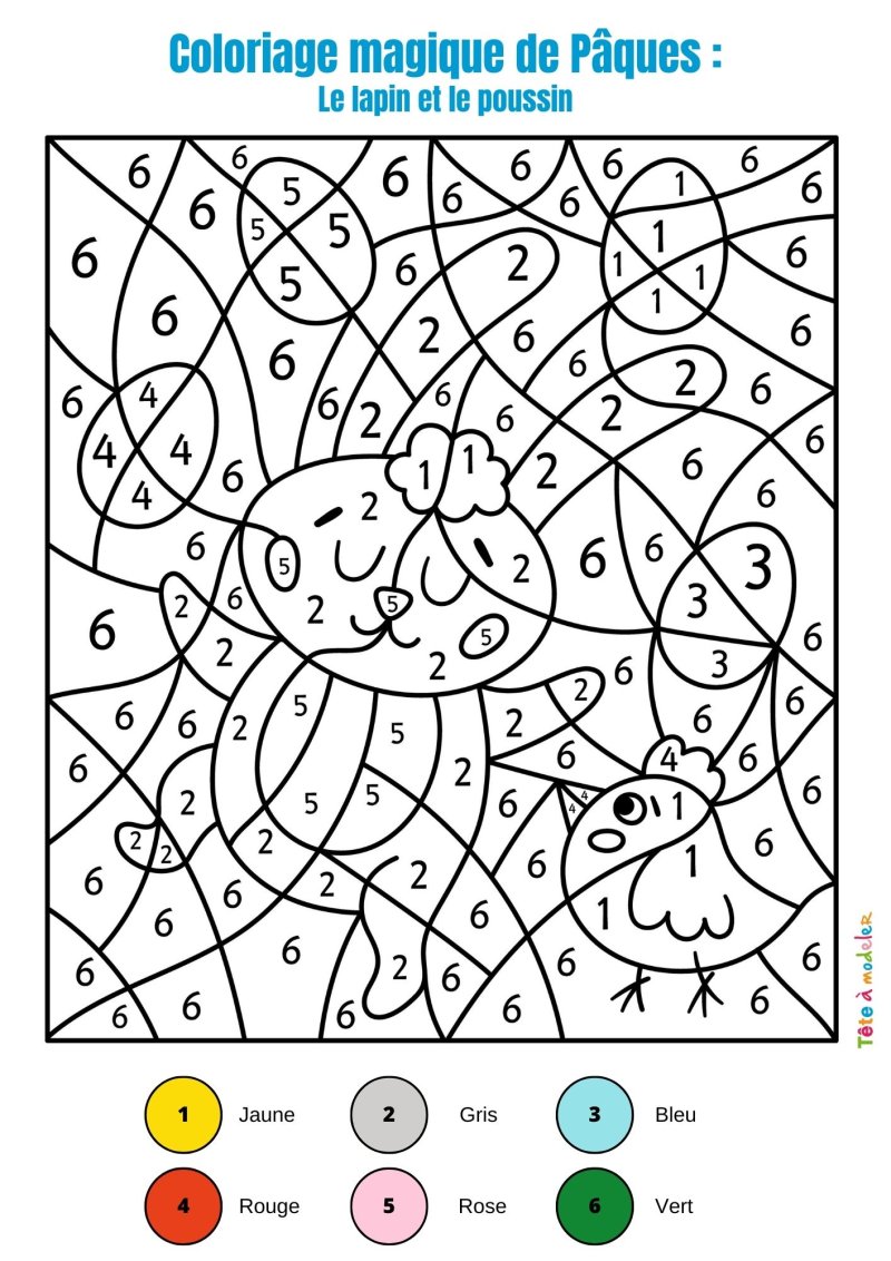 Coloriage magique de Pâques : le lapin et le poussin