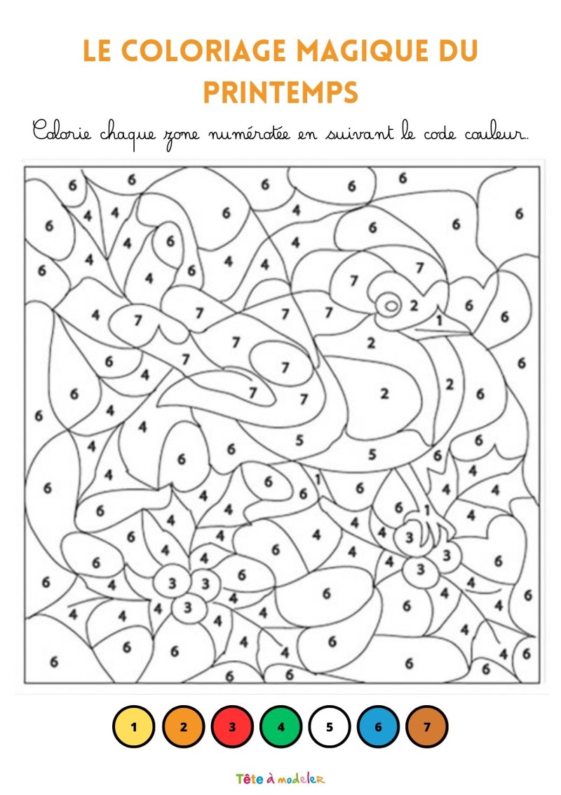 Coloriage magique du Printemps : L'oiseau et les fleurs