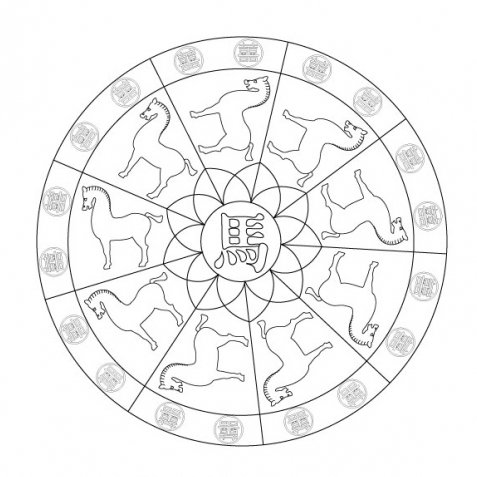 Coloriage mandala cheval zodiaque chinois