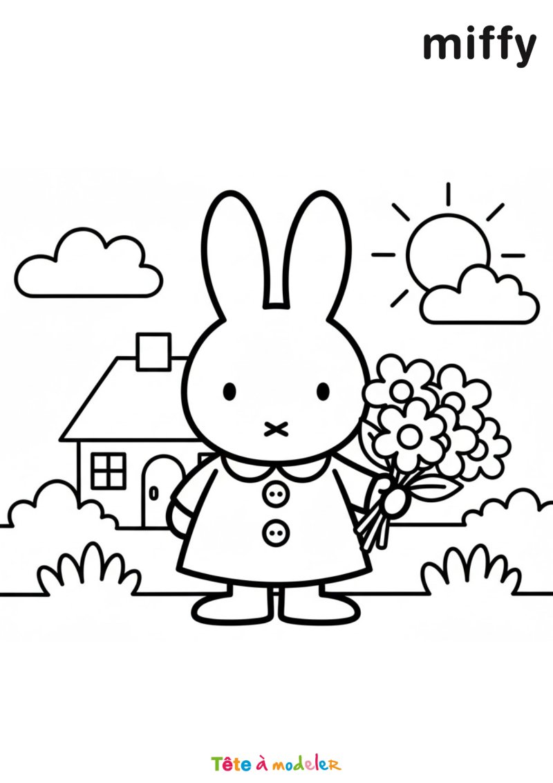 Coloriage de Miffy devant sa maison