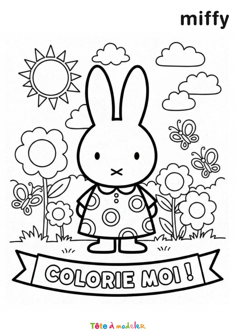 Coloriage de Miffy au milieu des fleurs