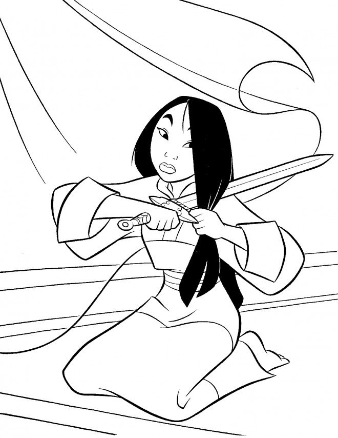 Coloriage Mulan qui coupe ses cheveux 