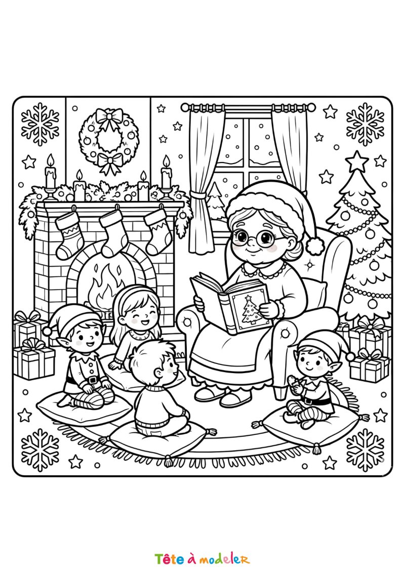 Coloriage de la Mère Noël qui lit une histoire