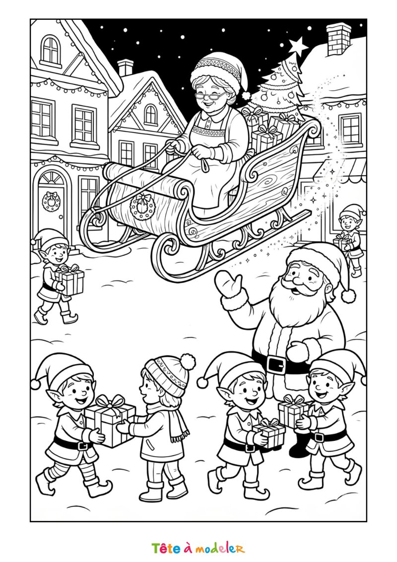 Coloriage d'une mère Noël dans un traîneau