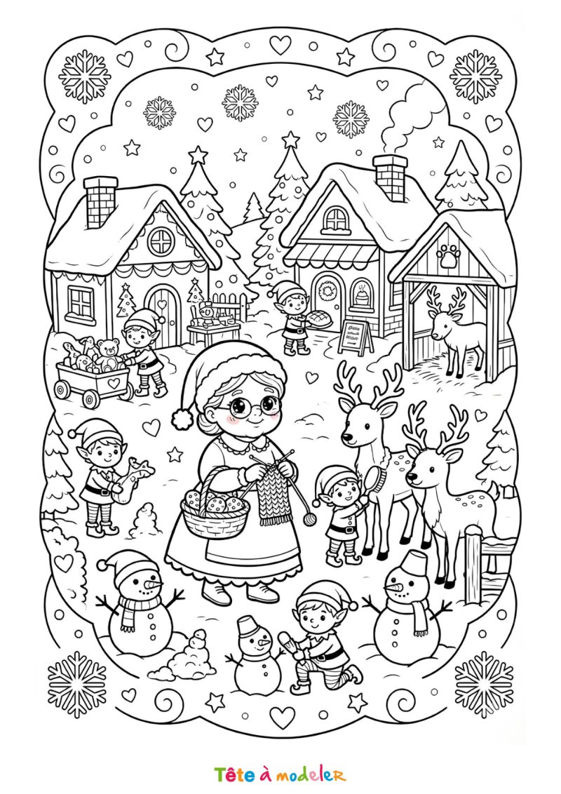 Coloriage Mère Noël au village
