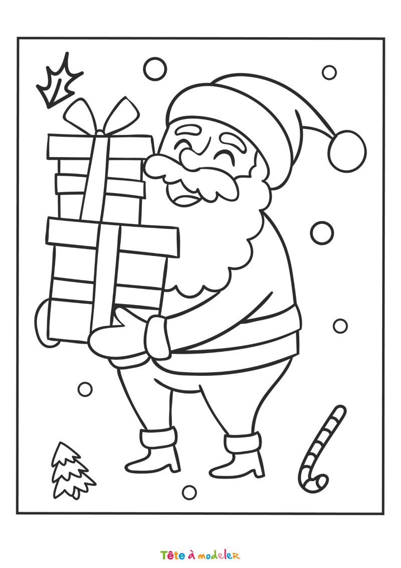Le coloriage d'un Père Noël avec des cadeaux à imprimer