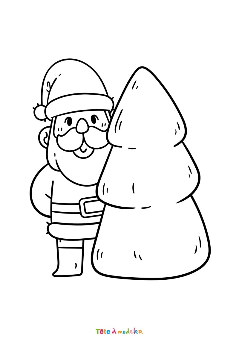 Le coloriage d'un Père Noël avec un sapin à imprimer