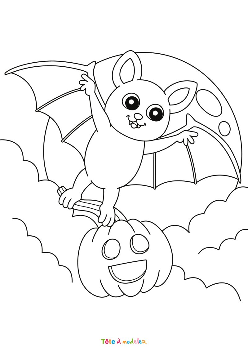 Coloriage d'une chauve souris avec une citrouille