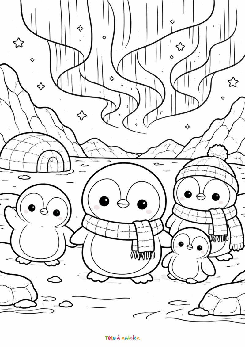 Coloriage pingouins et aurores boréales à imprimer gratuitement