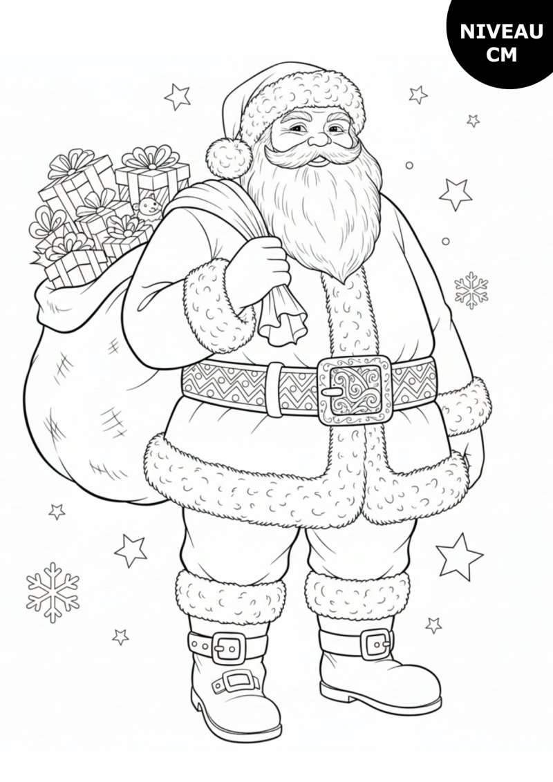 Coloriage Père Noël – Portrait avec sac de cadeaux