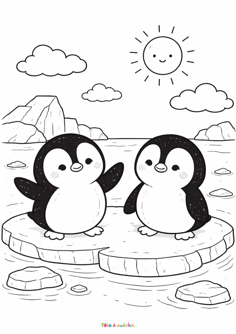 Coloriage simple de pingouins qui glissent sur la banquise à imprimer gratuitement