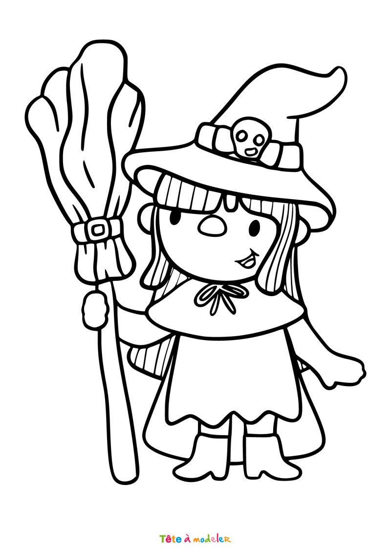 Coloriage d'une sorcière avec un balai