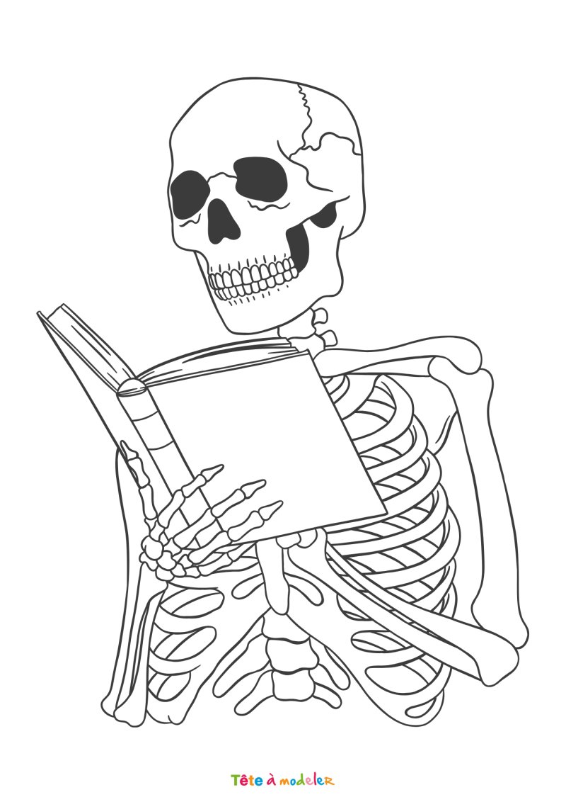 Coloriage squelette qui lit