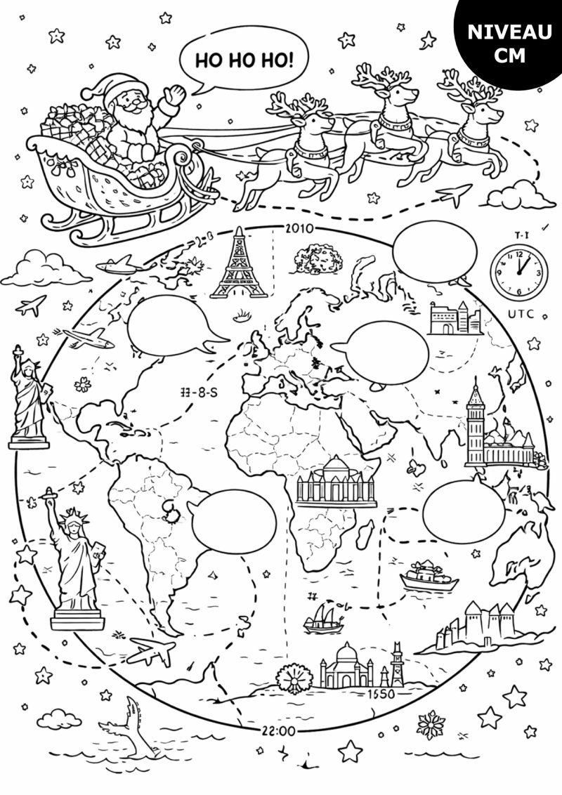 Coloriage Tour du monde du Père Noël – Traîneau en vol