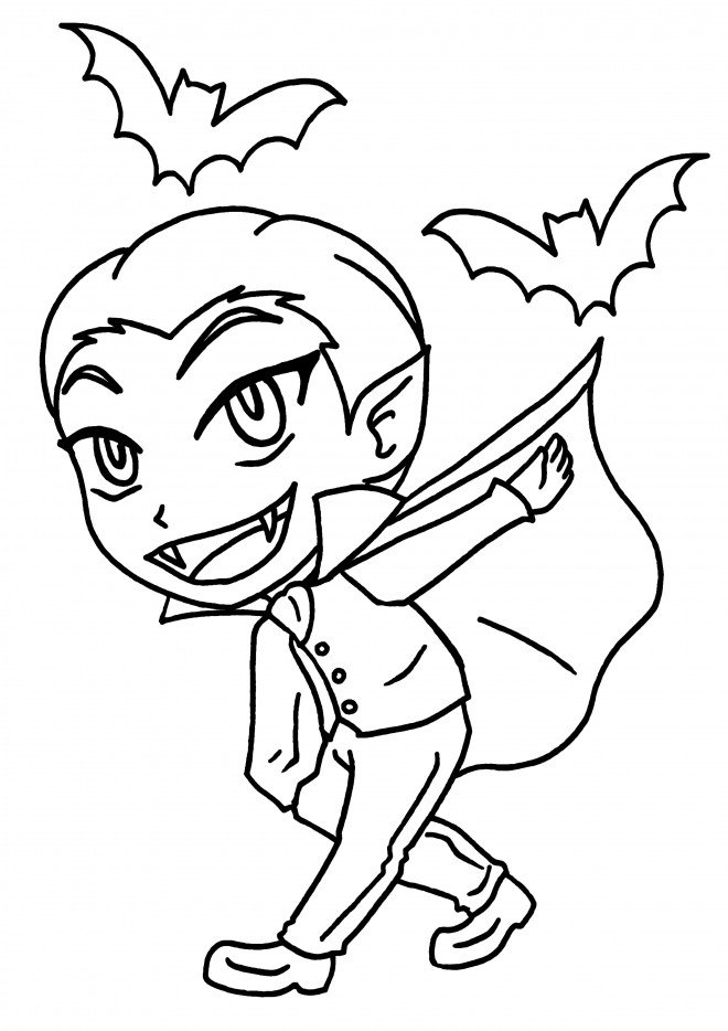 Coloriage d'un vampire avec des chauve souris