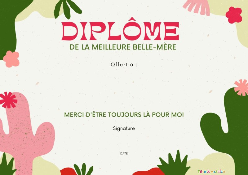 Diplôme de la meilleure maman à imprimer et à compléter