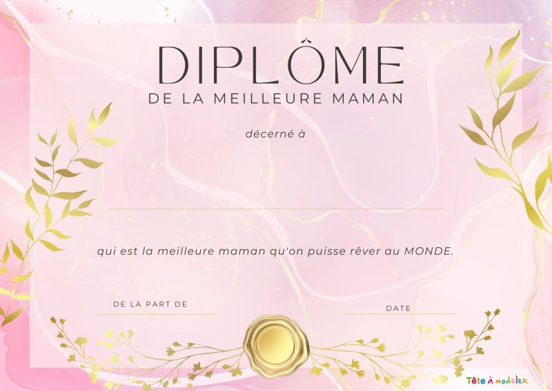 Diplôme de la meilleure maman à imprimer et à compléter