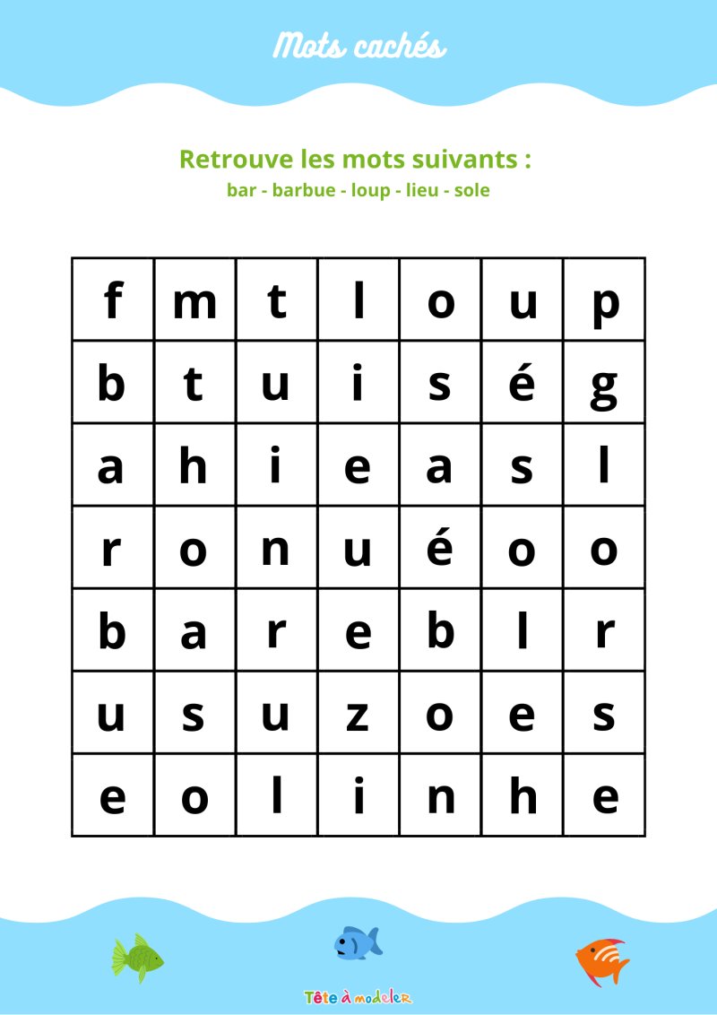 Imprimer la grille de mots cachés N°2 des poissons