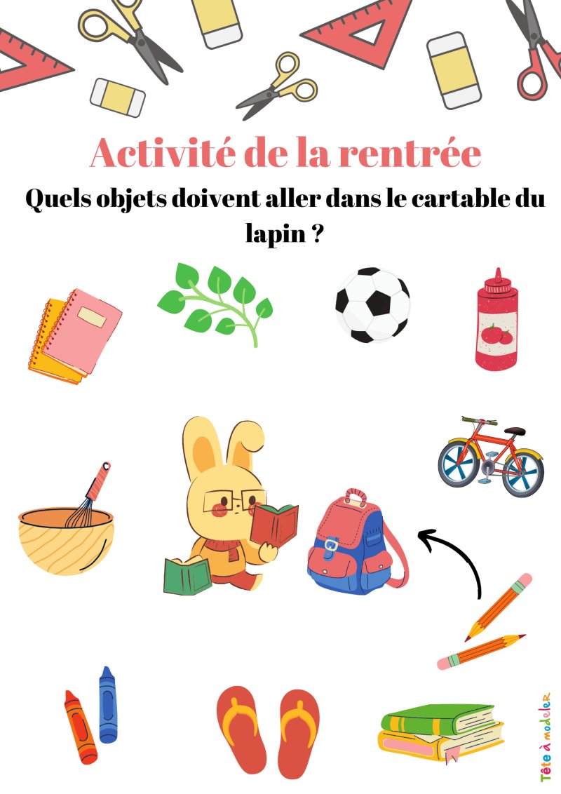 Imprimer l'activité 2 sur la rentrée scolaire : Aide lapin à remplir son cartable